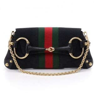 Gucci clutch w/gold chain. Red and Green stripes with Gold Studs detail.